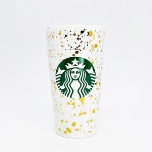 Starbucks 2019 Holiday Ceramic Travel Mug Coffee White Gold Splatter 12 oz NWT
